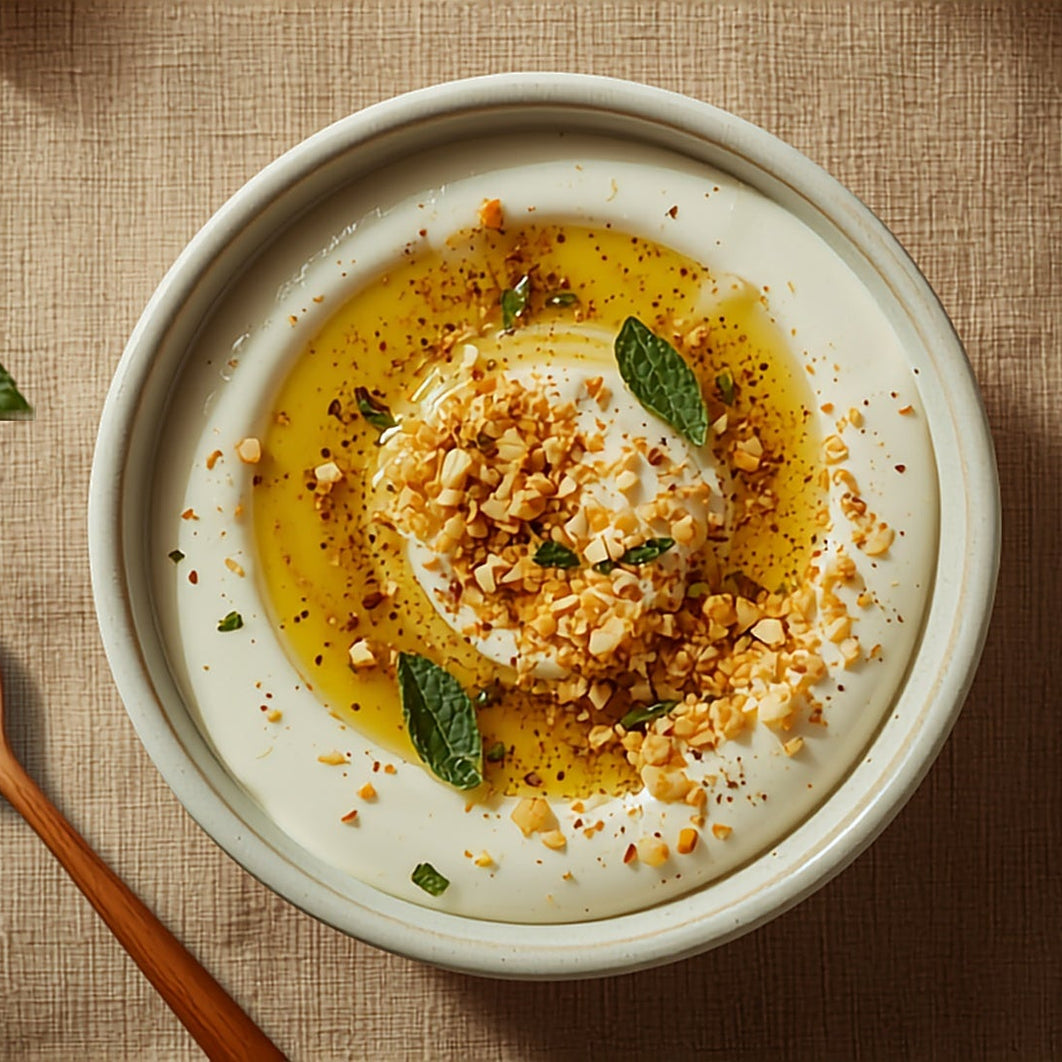 Overhead view of Dukkah Yoghurt Dip in a pale bowl, topped with a scatter of Australian Native Bush Dukkah, torn mint leaves and a drizzle of olive oil