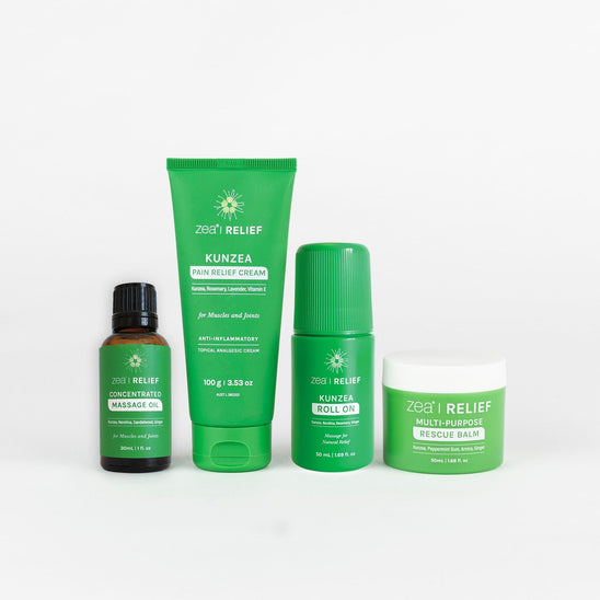 Complete Kunzea Relief Set - Pain Relief Cream, Roll On, Massage Oil and Rescue Balm